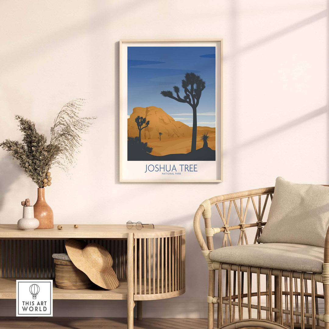 Joshua Tree National Park art print on wall above stylish natural wood furniture in a cozy room setting.
