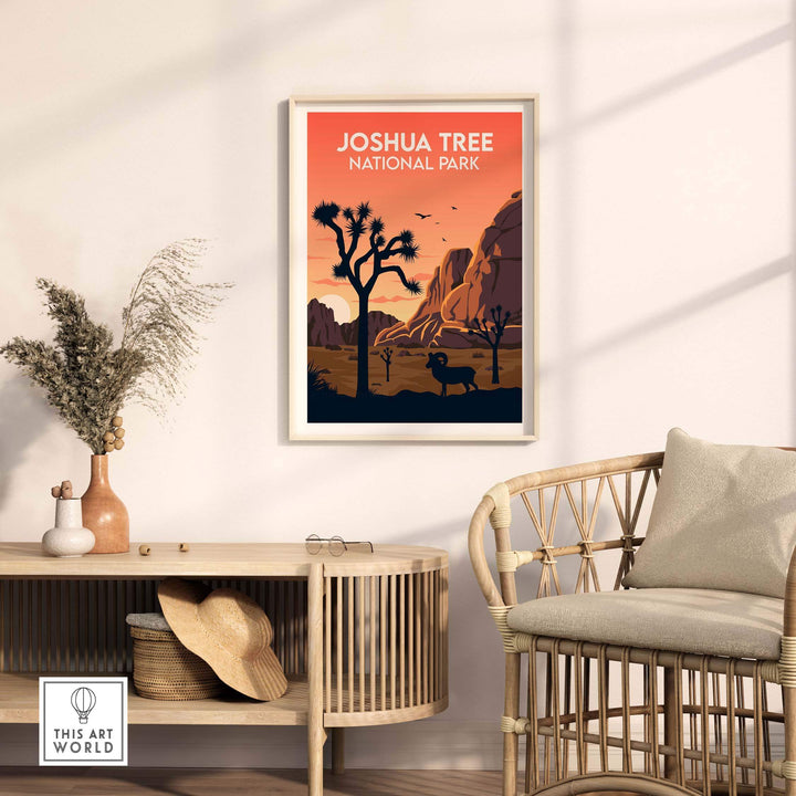 Joshua Tree National Park poster in minimalist style, displayed in a modern living room setting.