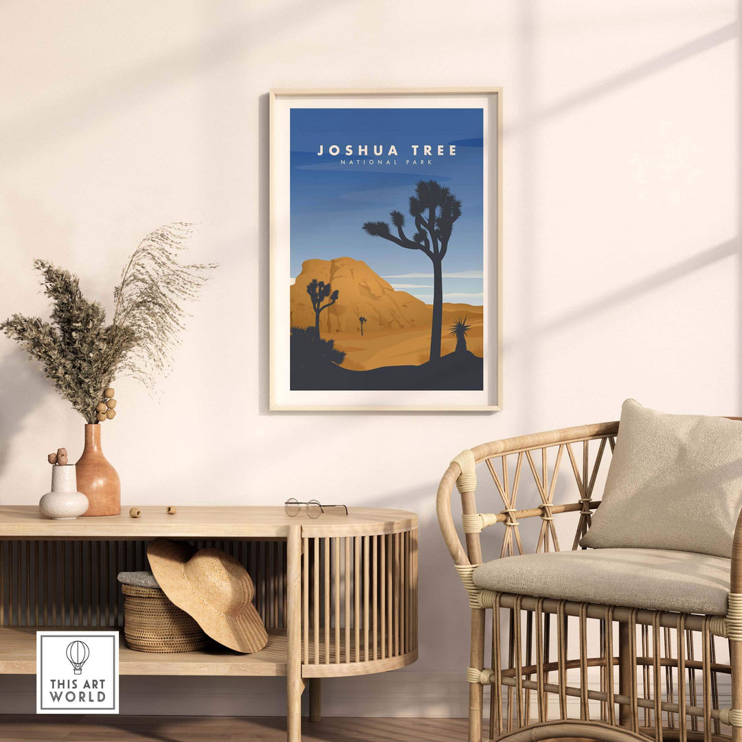 Framed Joshua Tree National Park art print in a modern living room decor, showcasing desert landscapes and vintage style.
