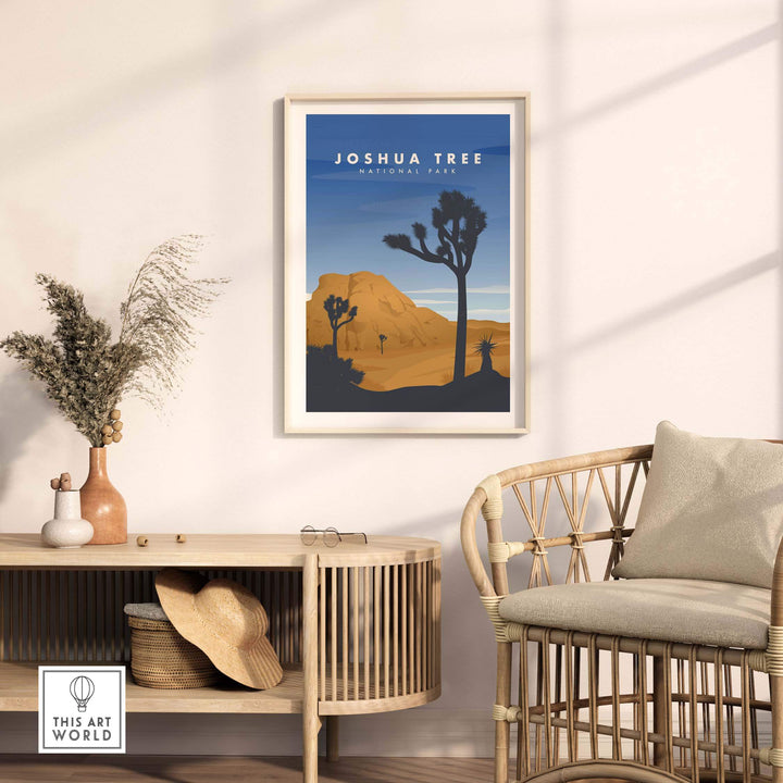 Framed Joshua Tree National Park art print in a modern living room decor, showcasing desert landscapes and vintage style.