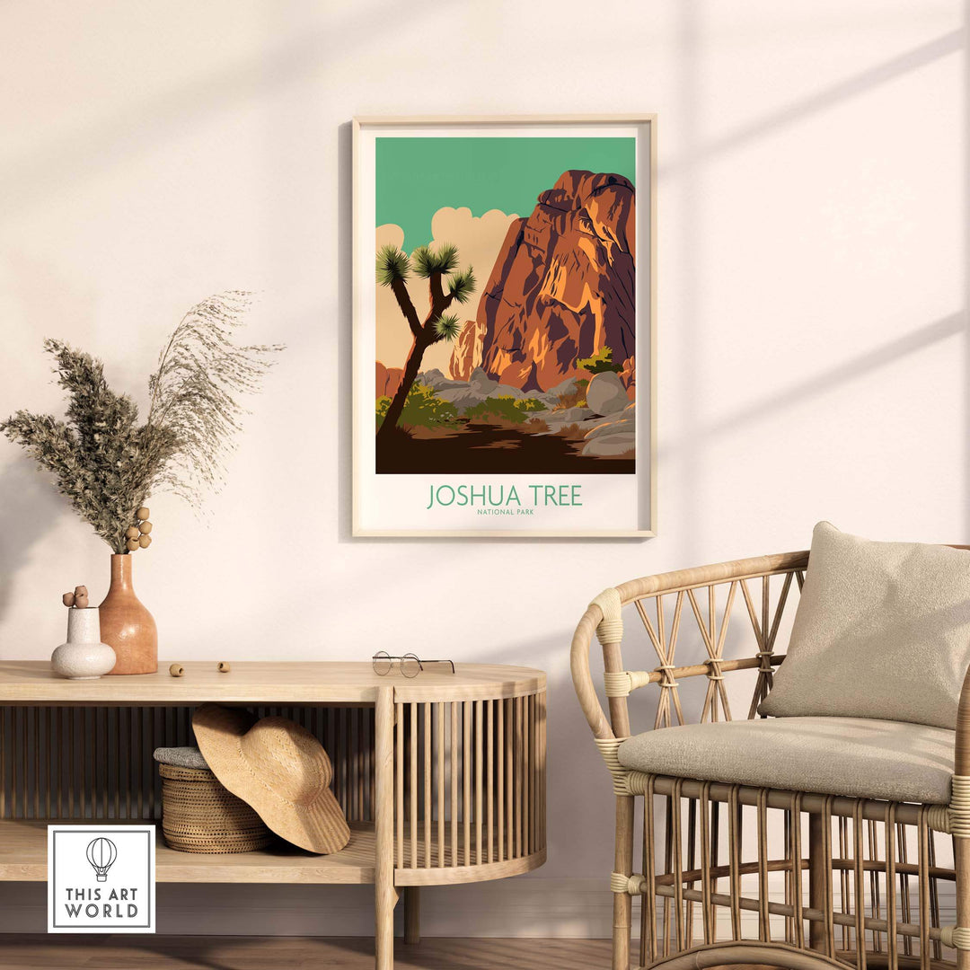 Joshua Tree Poster Print with vintage design in stylish home interior setting.