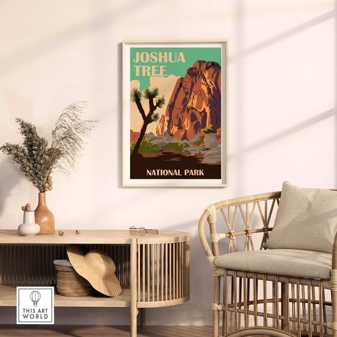 Vintage Joshua Tree National Park print framed on wall, showcasing desert landscape and rustic decor style.