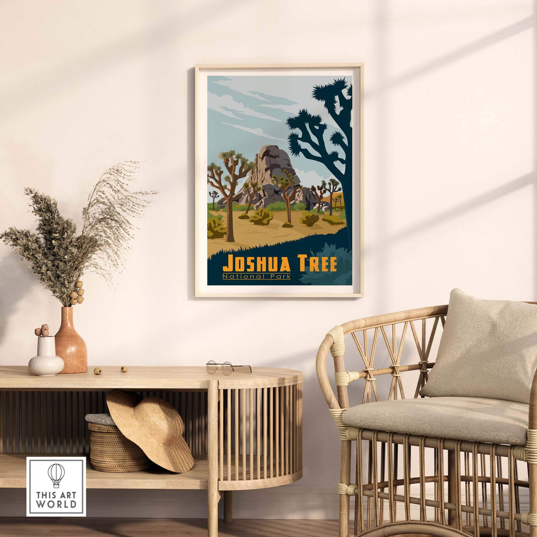 Joshua Tree National Park poster displayed in a stylish living room setting, highlighting desert landscape art.