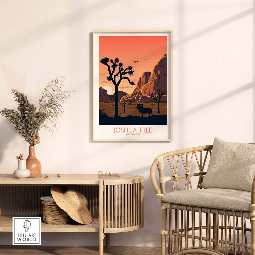 Joshua Tree wall art poster in a minimalist frame, showcasing a serene desert landscape with silhouetted trees.