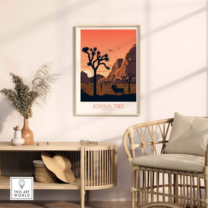 Joshua Tree wall art poster in a minimalist frame, showcasing a serene desert landscape with silhouetted trees.