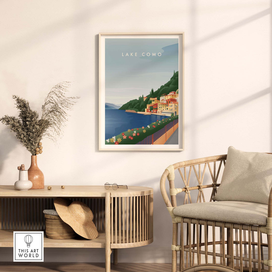 Lake Como wall art poster displayed in stylish home decor with natural elements and rattan furniture.