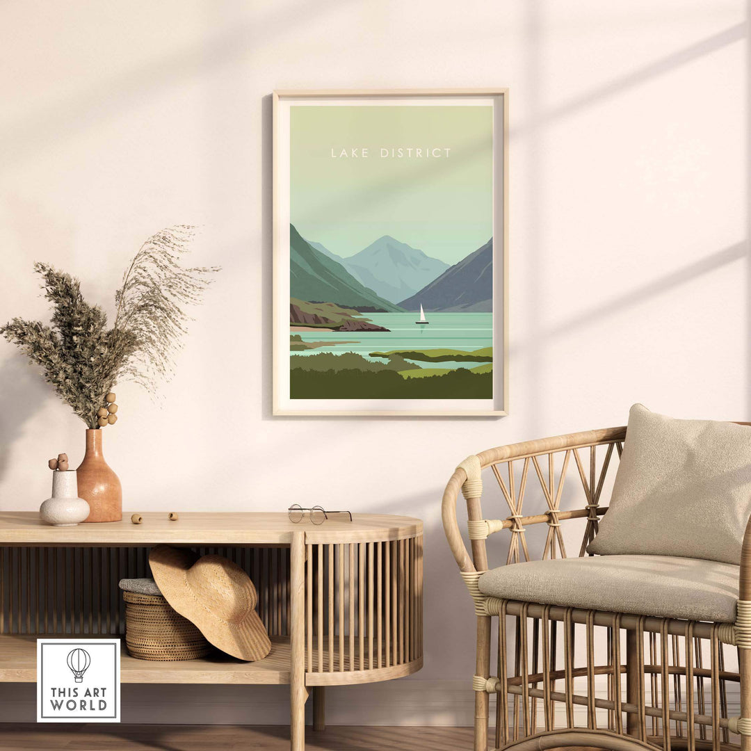 Lake District wall art poster in a stylish living room setting, framed print showcasing serene mountain and lake view.