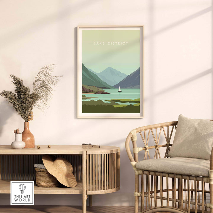 Lake District wall art poster in a stylish living room setting, framed print showcasing serene mountain and lake view.