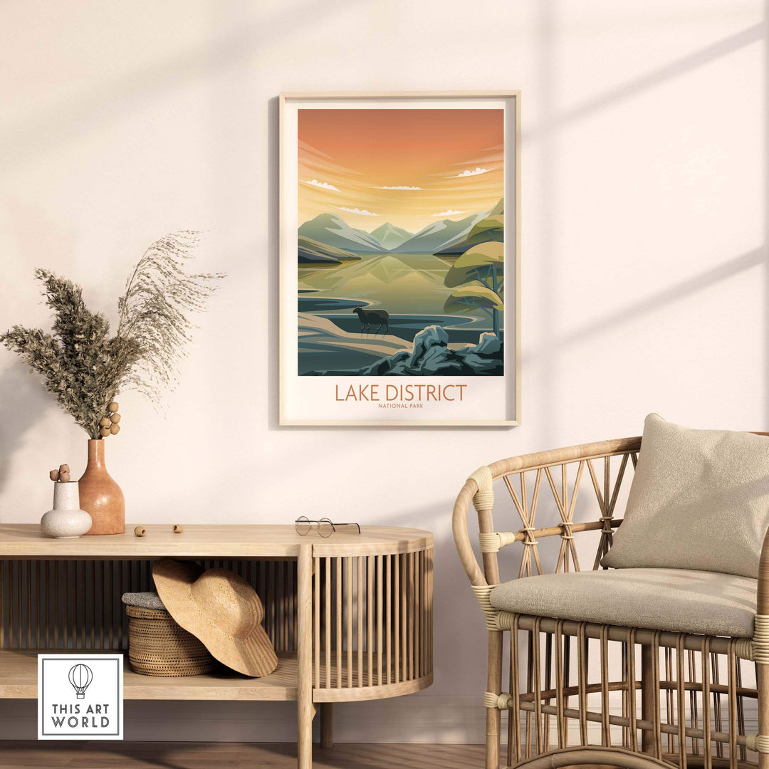 Lake District National Park art print displayed in a modern living room with stylish furniture.