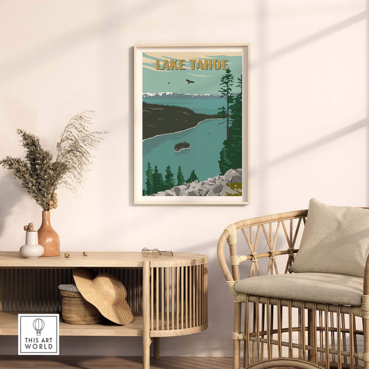 Lake Tahoe vintage print artwork framed on wall, showcasing nature and wanderlust in a stylish home setting.
