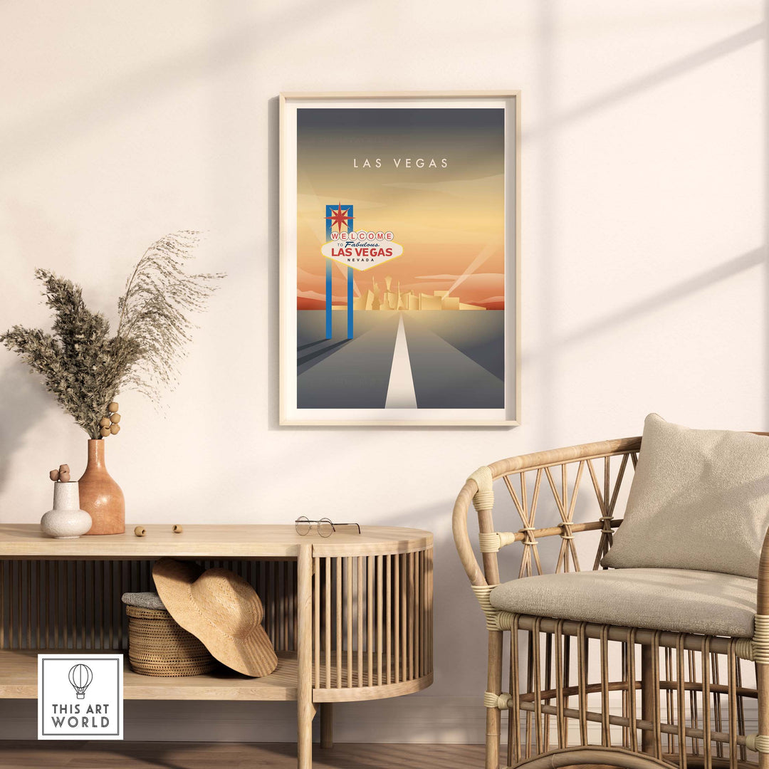 Las Vegas wall art poster featuring the iconic Welcome sign, styled for home decor with a vintage travel theme.
