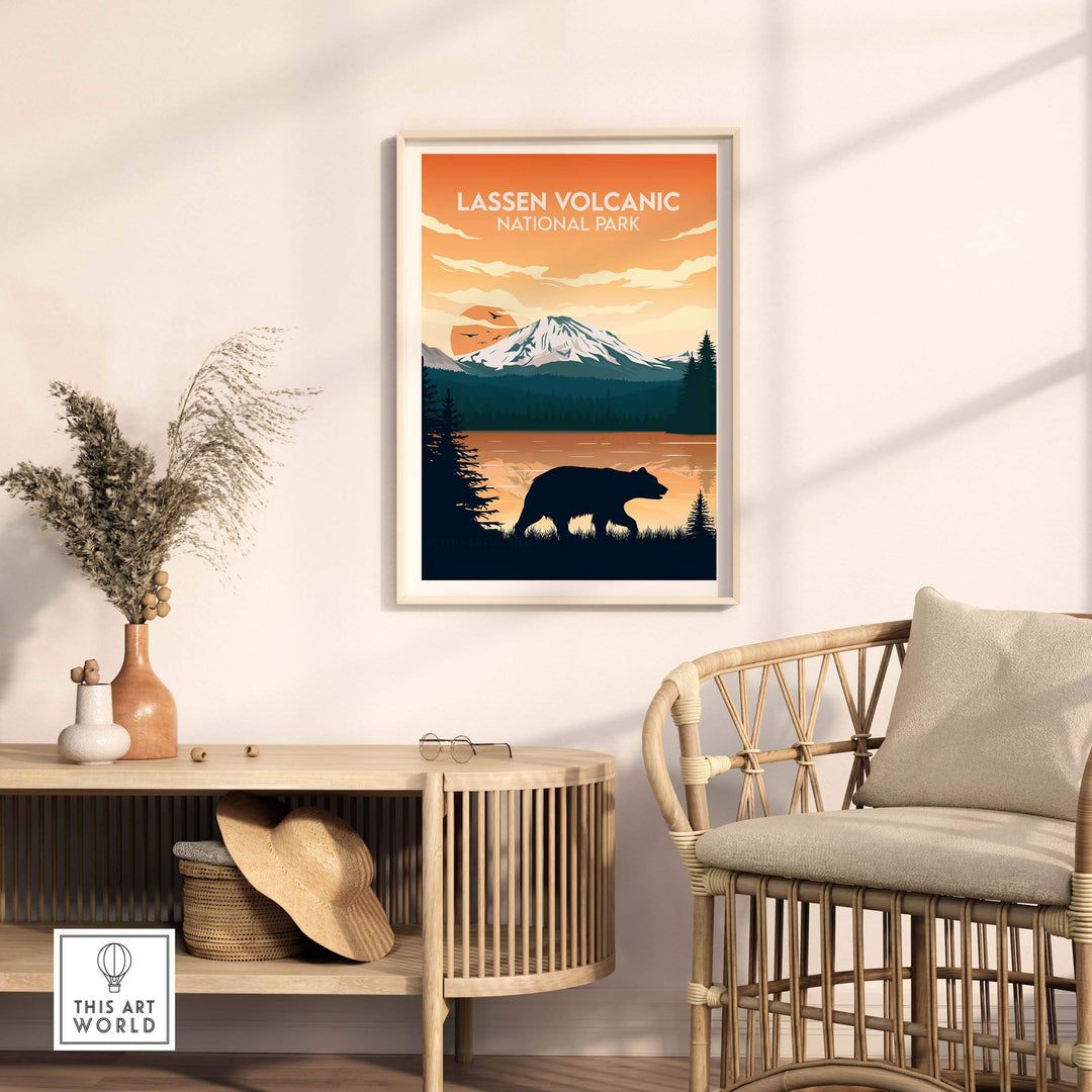 Lassen Volcanic National Park poster featuring a bear and mountains, stylish wall art for nature lovers.