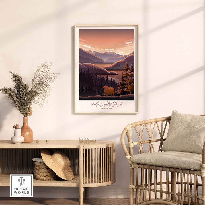Loch Lomond and The Trossachs Print in a modern decor setting, showcasing nature-inspired wall art.