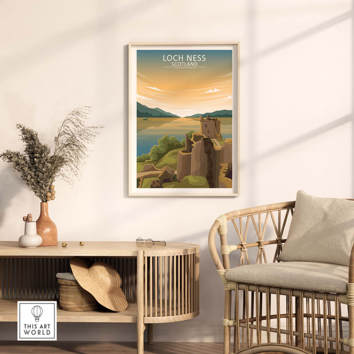 Loch Ness Wall Art Scotland Print displayed in a stylish home setting, showcasing vintage travel poster design.