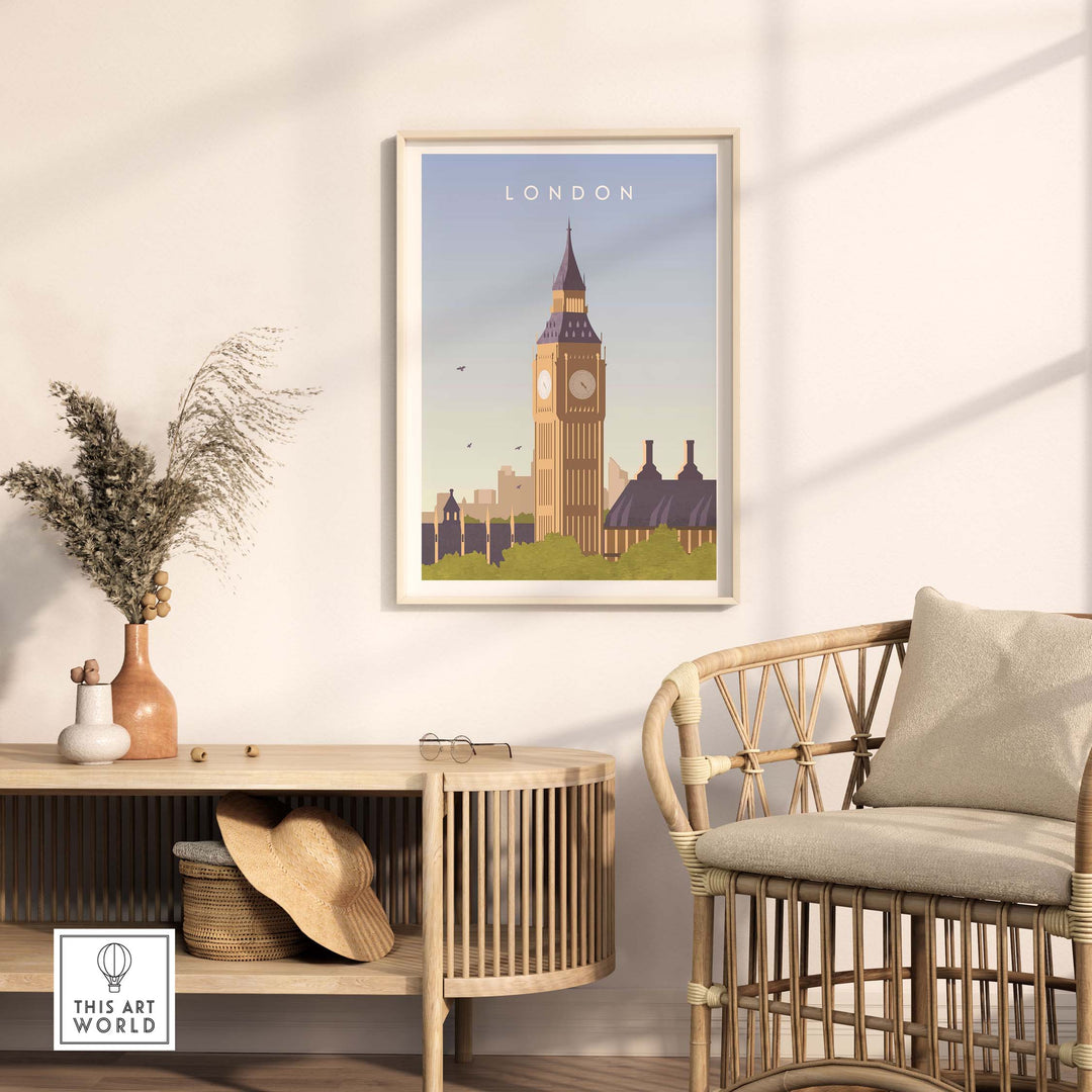 London Print Wall Art Poster featuring Big Ben in a stylish home setting, perfect for travel enthusiasts.