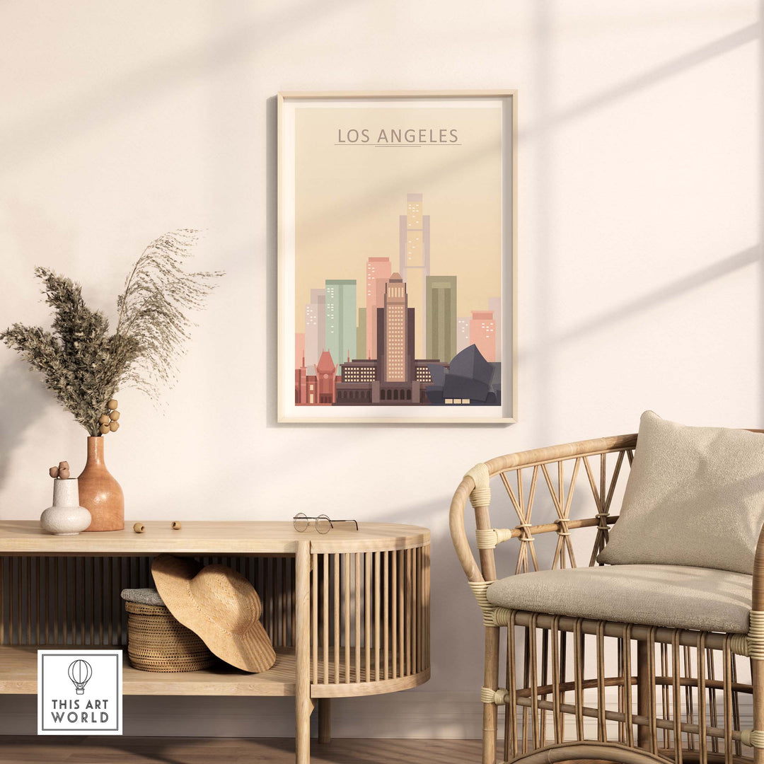 Los Angeles skyline poster displayed in a modern living room, featuring warm pastel tones and stylish wall art.