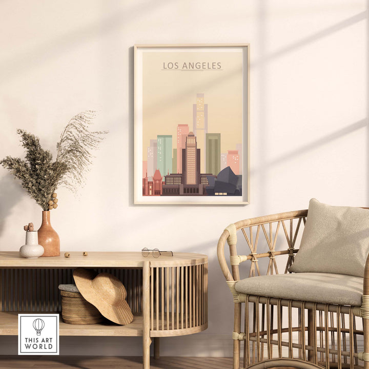 Los Angeles skyline poster displayed in a modern living room, featuring warm pastel tones and stylish wall art.