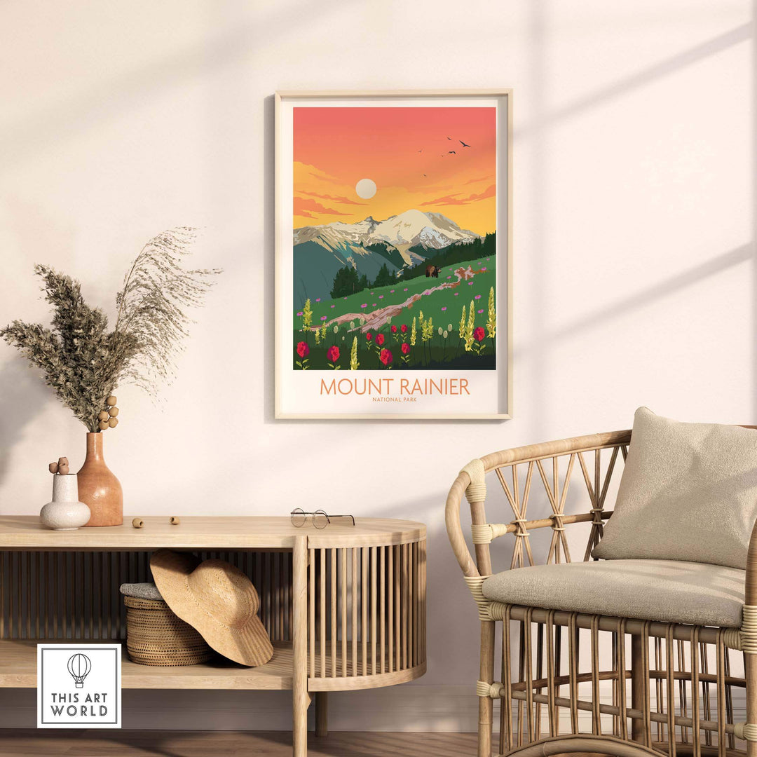 Mount Rainier National Park poster framed in a stylish interior, showcasing vibrant landscapes and sunset colors.