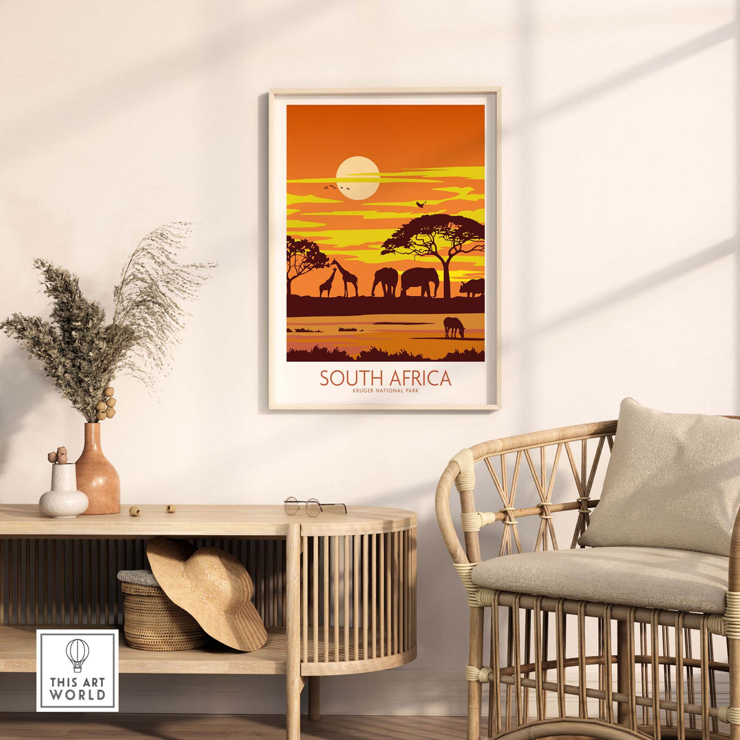 Vintage-style South Africa print featuring Kruger National Park, showcasing elephants and sunset in minimalist decor.