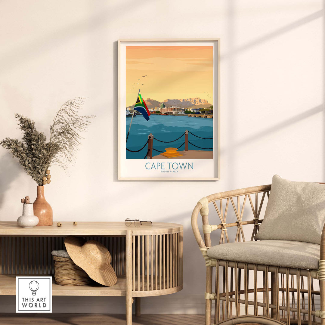 Cape Town poster in minimalist frame, showcasing scenic view of Cape Town with South African flag, styled interior setting.