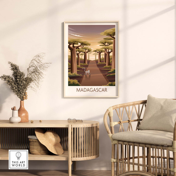 Madagascar poster artwork framed in a stylish living room setting, evoking wanderlust and vintage travel nostalgia.