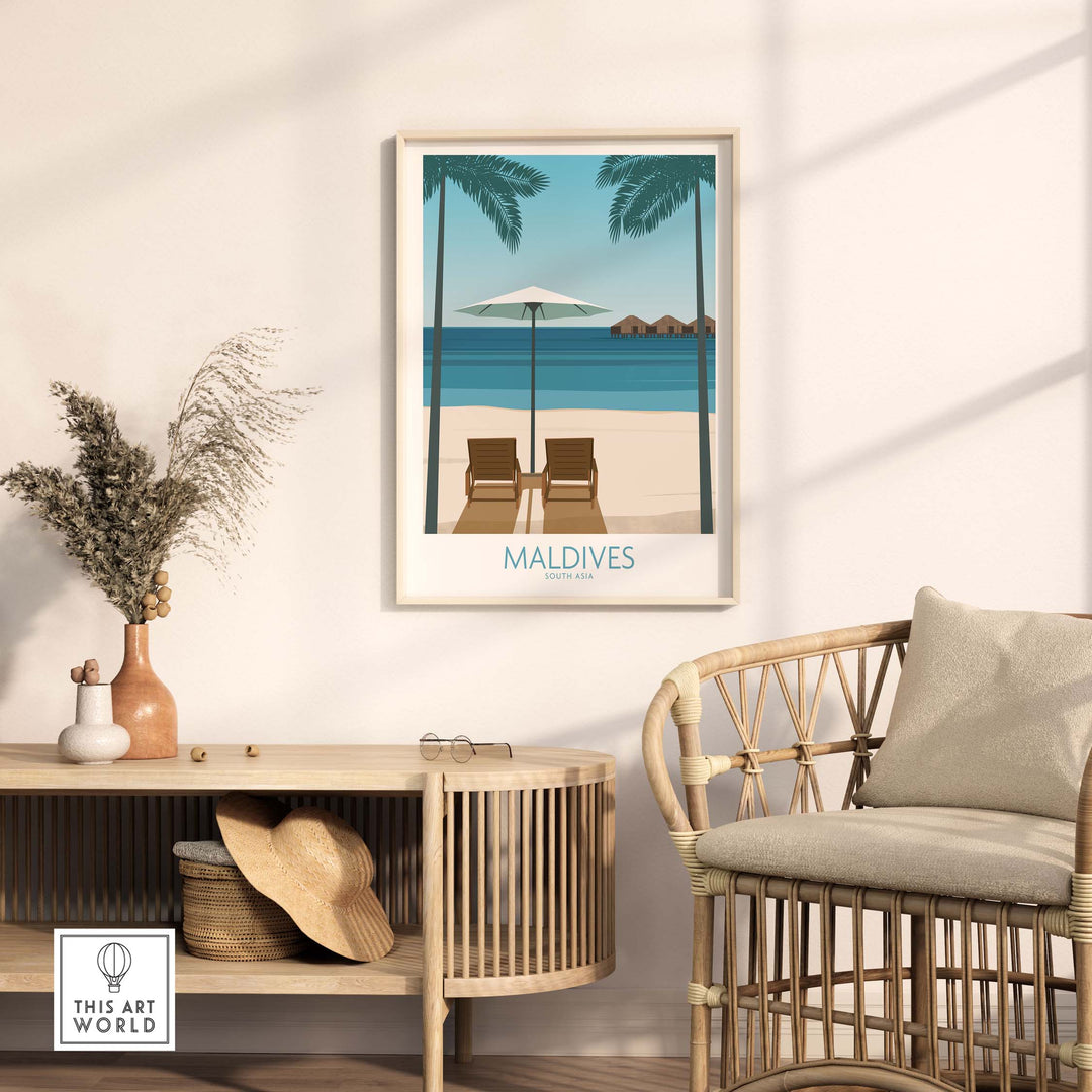 Maldives print artwork featuring beach chairs and palm trees in a stylish home setting.