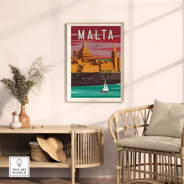 Malta Poster Print Wall Art showcasing colorful vintage design in a stylish living room setting.
