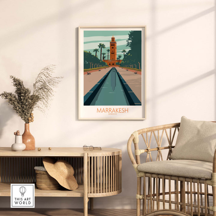 Marrakesh Poster Morocco Wall Art featuring a vintage design in a cozy living space.