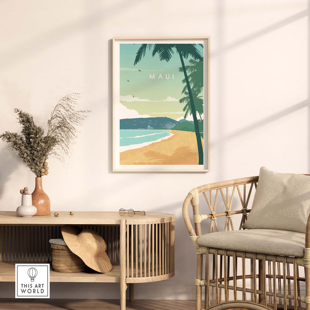 Maui Print Wall Art Poster featuring a serene beach scene with palm trees, enhancing a tranquil home decor aesthetic.