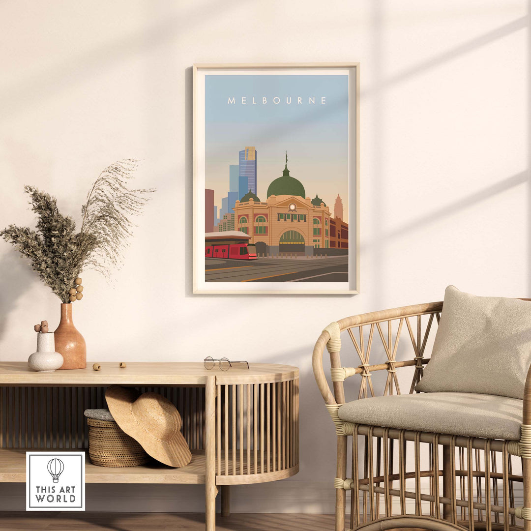 Melbourne Wall Art Print showcasing vintage-style illustration of cityscape with prominent landmarks in a minimalist design.