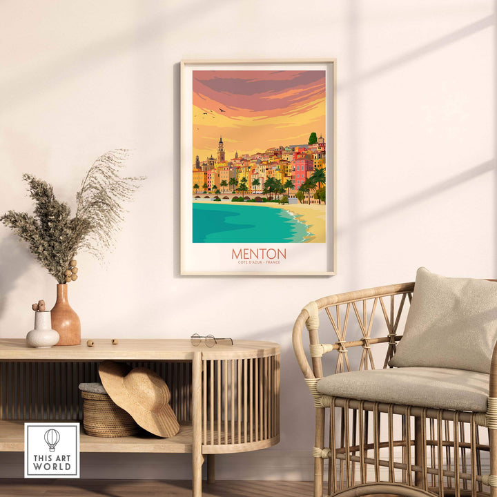 Menton Cote d'Azur poster print displayed in a stylish room, showcasing travel art inspired by vintage posters.
