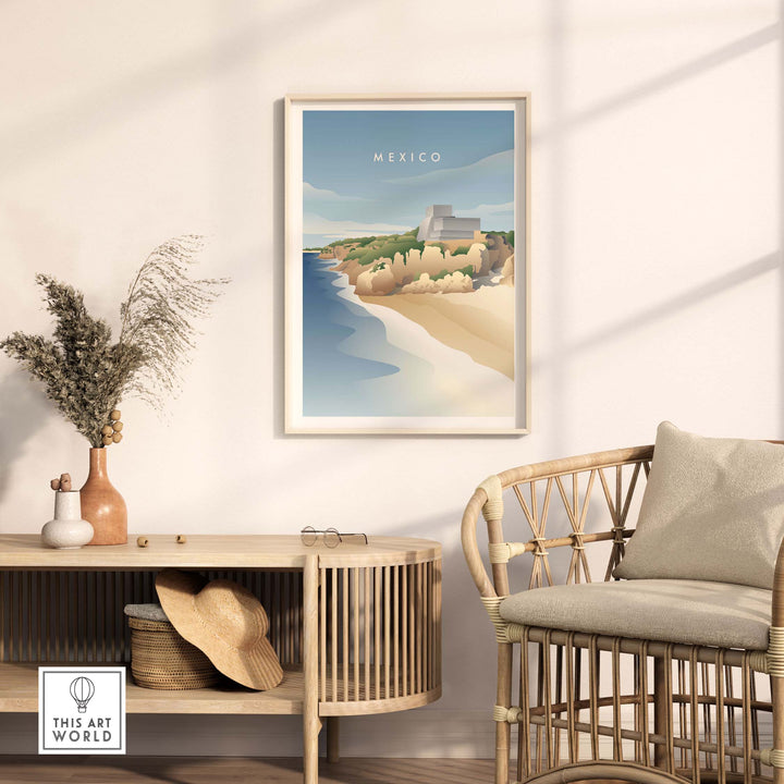 Mexico Wall Art Poster featuring a serene beach scene in a stylish living room setting.