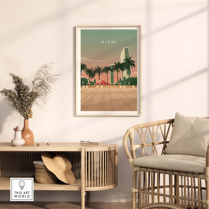 Miami Print Wall Art Poster featuring vintage-style design with palm trees and buildings for stylish home decor.