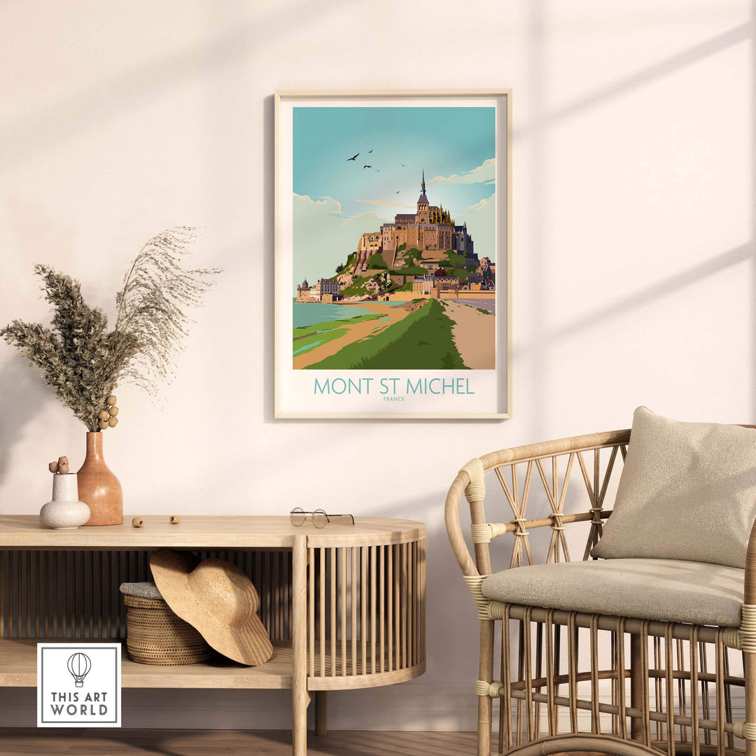Mont Saint Michel print displayed in a stylish living room, framed art that captures wanderlust and nostalgia.