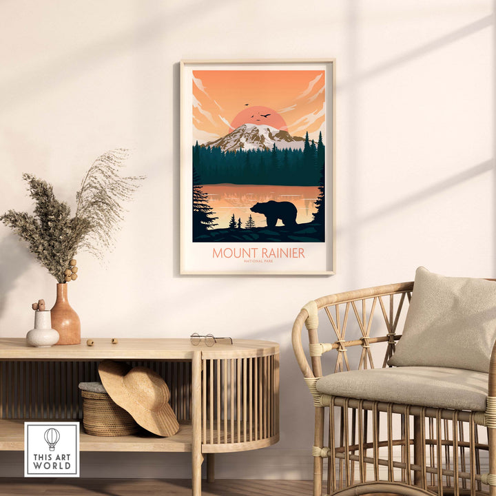 Mount Rainier poster featuring a bear silhouette and sunset, perfect for nature lovers and stylish home decor.