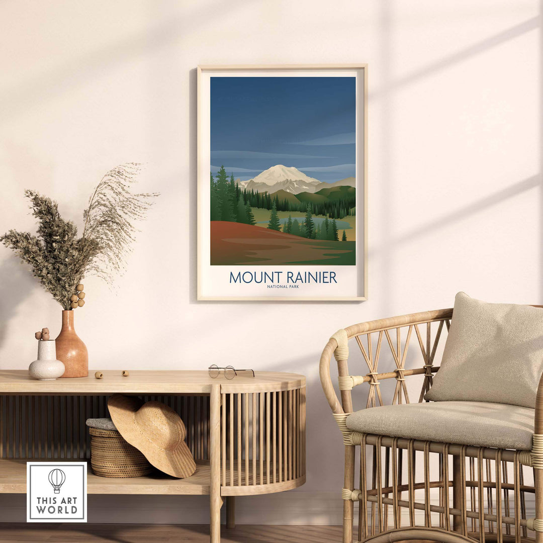 Mount Rainier National Park art print displayed in a stylish living room setting, featuring minimalist design and natural scenery.