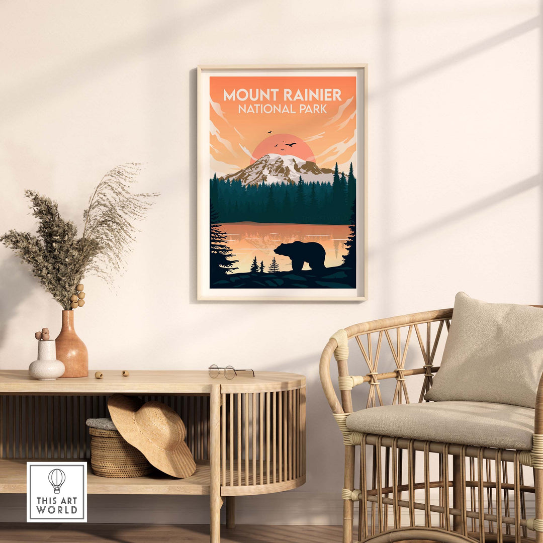 Mount Rainier National Park poster in minimalist style, featuring a bear and sunset in stylish home decor.