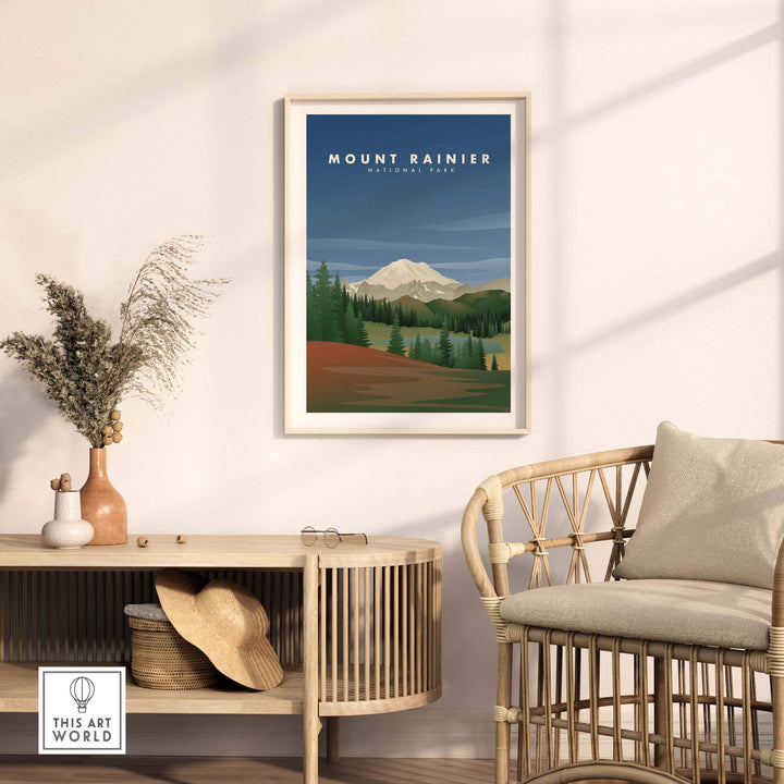 Mount Rainier National Park art print framed on living room wall, showcasing vintage travel poster design.