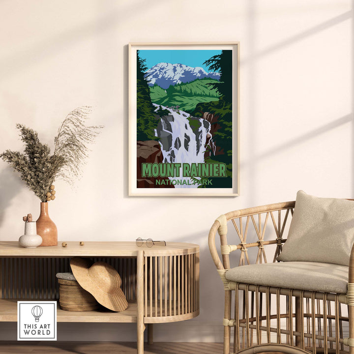 Mount Rainier National Park print displayed in a stylish living room, showcasing vintage-inspired outdoor artwork.