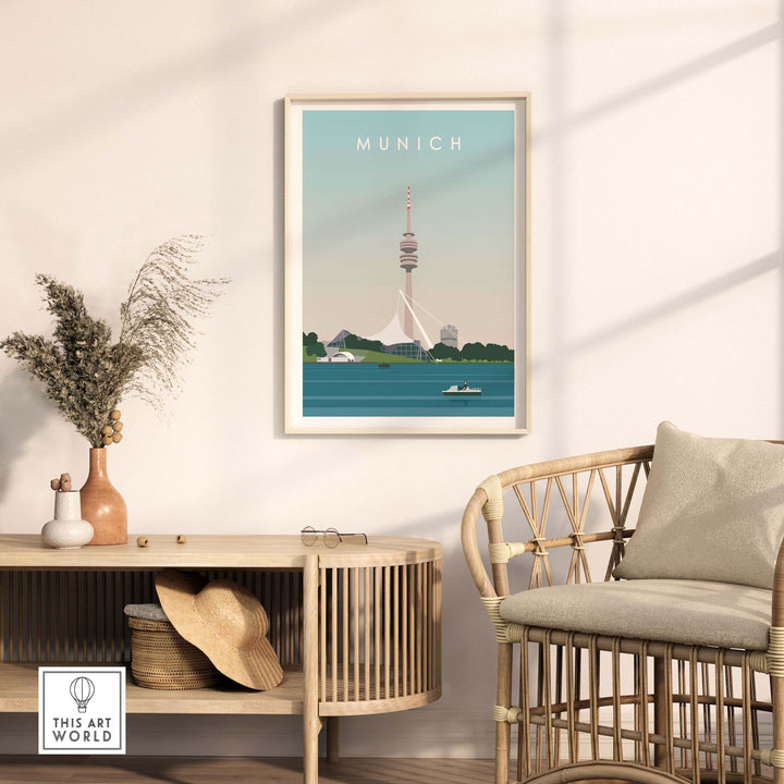 Munich print travel poster featuring the iconic TV tower, perfect for stylish wall art in homes or offices.