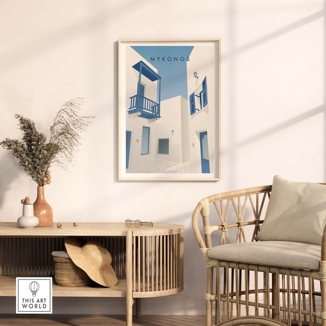 Mykonos Wall Art Poster displayed in a stylish living room, showcasing vintage travel-inspired design.