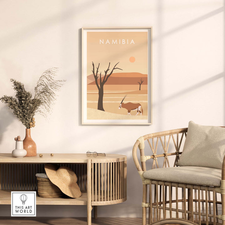 Namibia Print Dunes Poster featuring desert landscape and antelope in stylish living room decor.