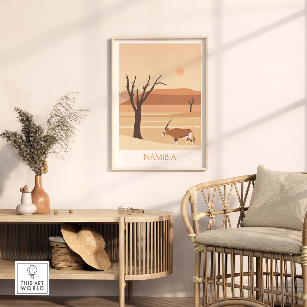 Namibia travel poster print featuring desert landscape and oryx, ideal for home or office decor.
