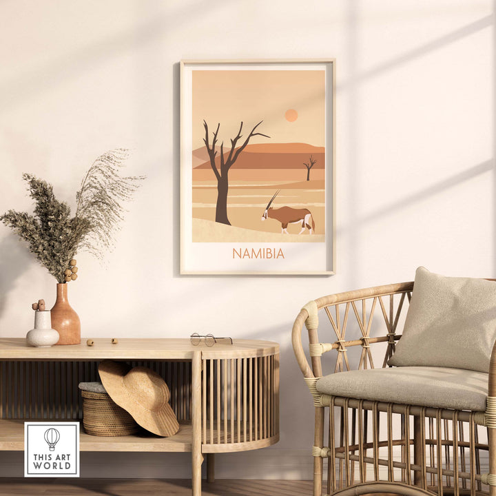 Namibia travel poster print featuring desert landscape and oryx, ideal for home or office decor.