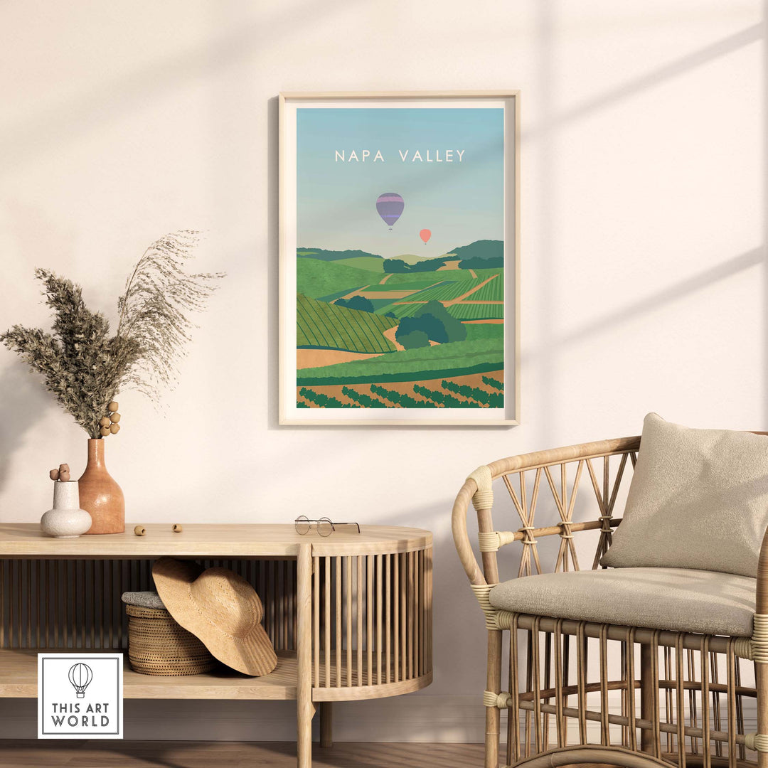 Napa Valley Print Wall Art Poster featuring hot air balloons over vineyards in a stylish home setting.