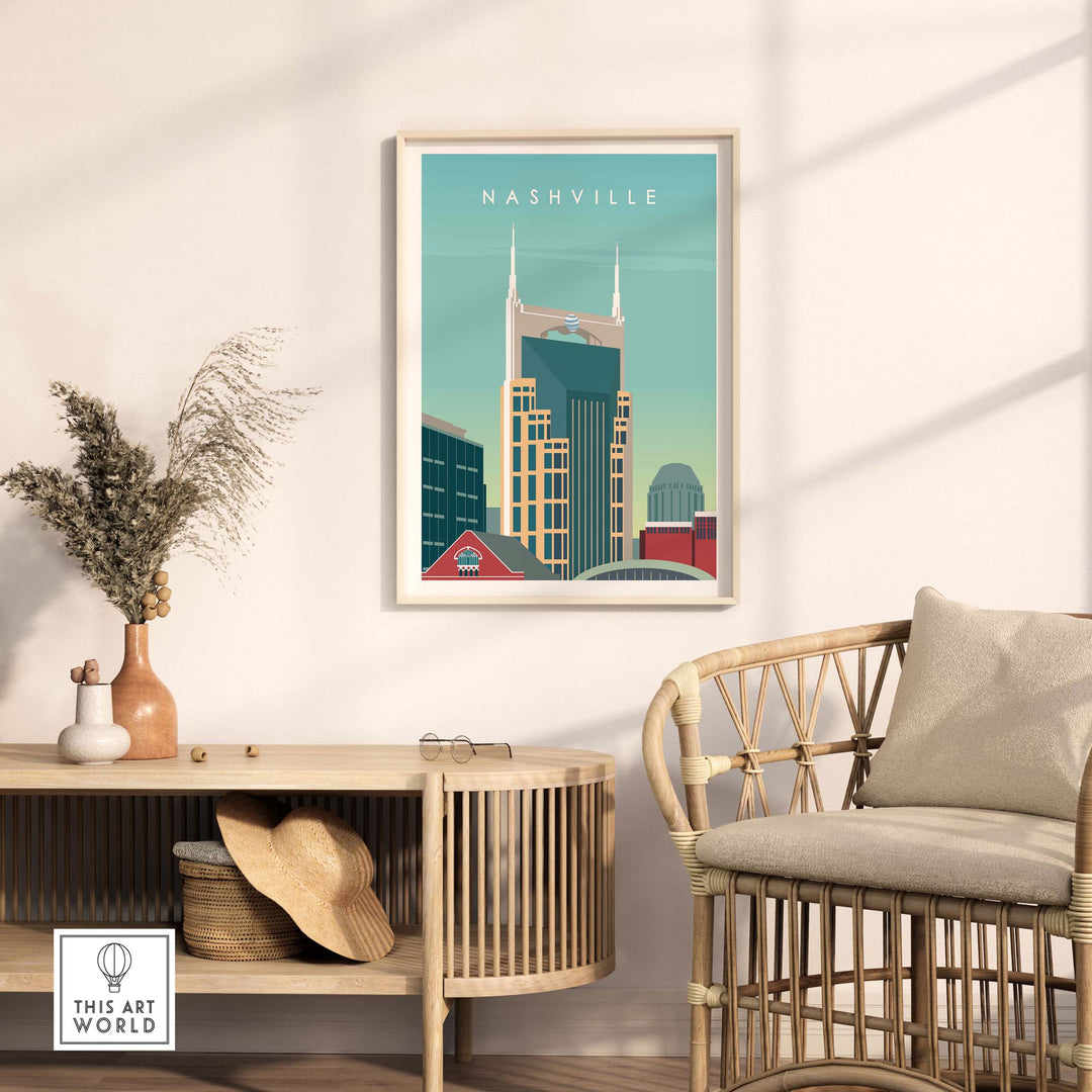 Nashville Art Print showcasing iconic skyline, framed in a stylish interior setting for travel-inspired decor.