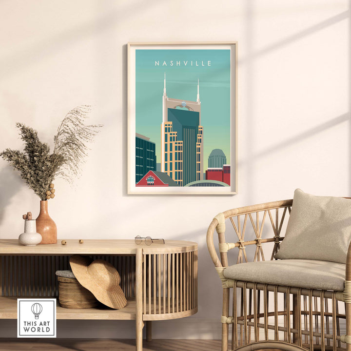Nashville Art Print showcasing iconic skyline, framed in a stylish interior setting for travel-inspired decor.