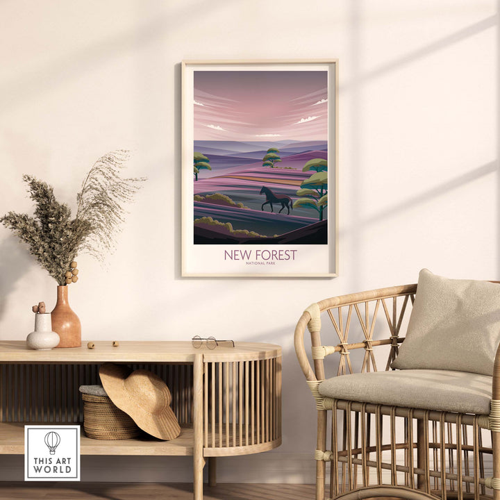 New Forest National Park art print displayed in a stylish interior, showcasing minimalist design and natural landscape.