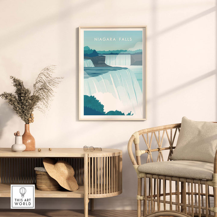Niagara Falls Print Wall Art Poster displayed in a stylish living room setting with natural decor.