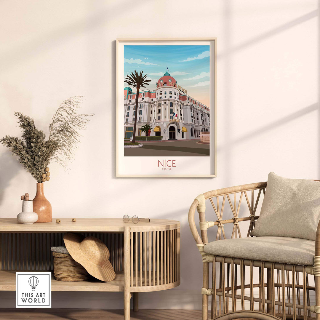 Nice France Travel Print displayed in a stylish home interior with a palm tree, showcasing vintage travel art.